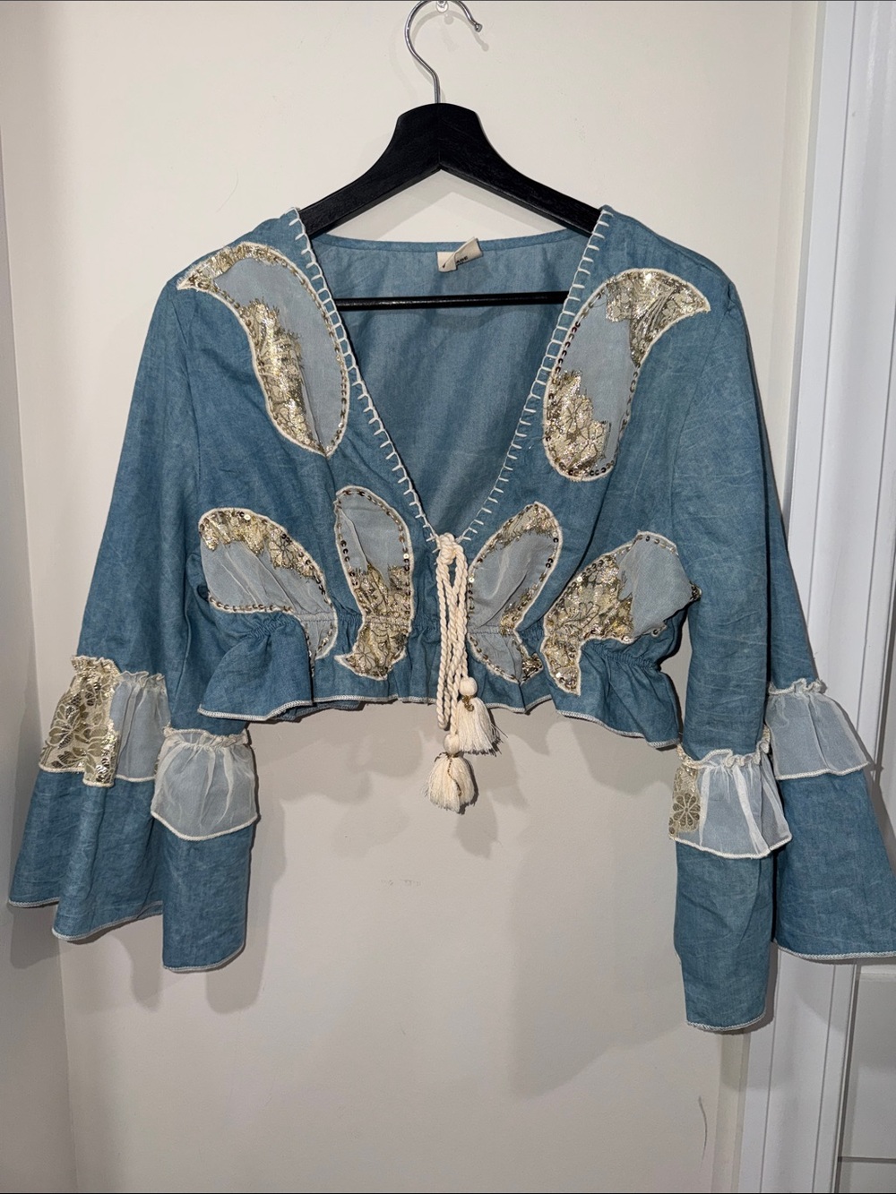 Boho Embroidered Cropped Jacket with Tassel Tie - Light Denim Blue